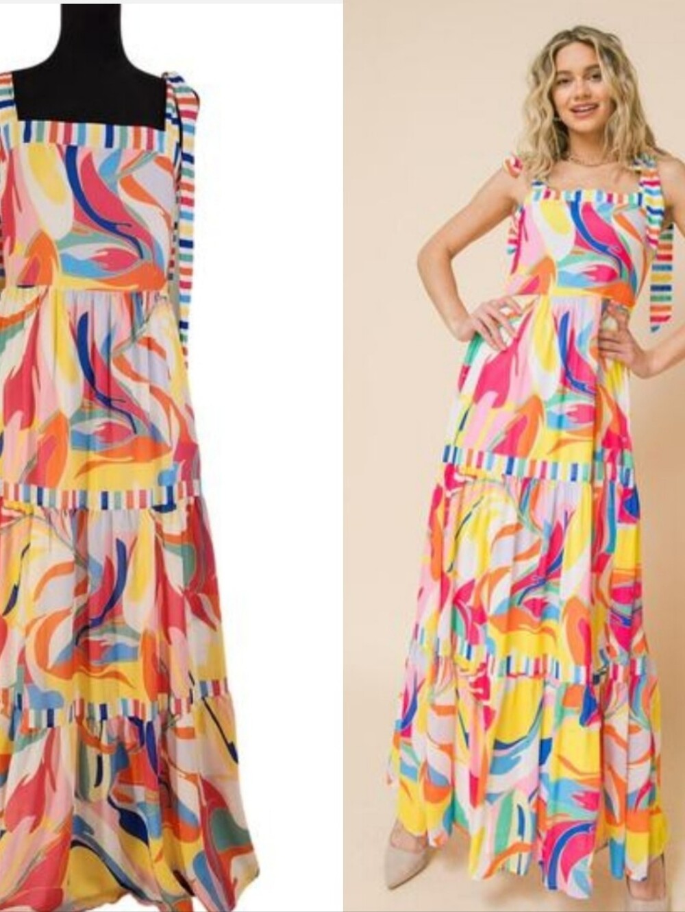 FLYING TOMATO Print and Stripes Tiered Maxi Dress with Tie Straps, Size Medium